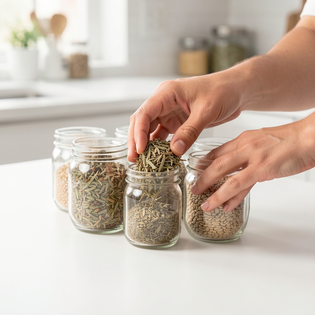 Close-up of hands sorting dried herbs and grains into small glass jars on a clean white kitchen counter with controlled studio lighting
