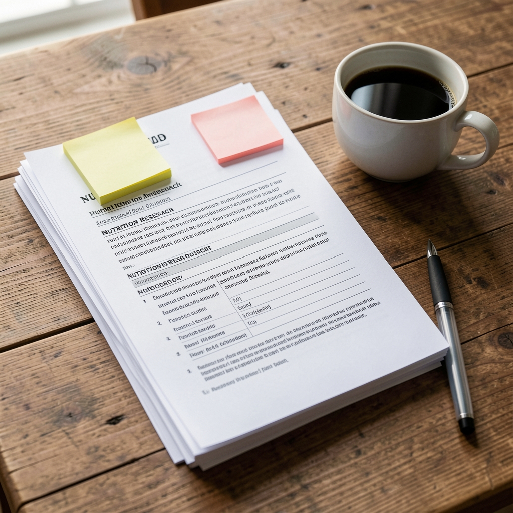 Stack of printed nutrition research documents with sticky notes and a pen resting on a wooden table next to a cup of black coffee