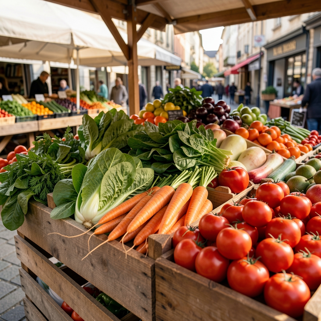 Selection of fresh seasonal vegetables and fruits arranged by colour on a wooden market stall in natural daylight, including leafy greens, orange carrots, and red tomatoes