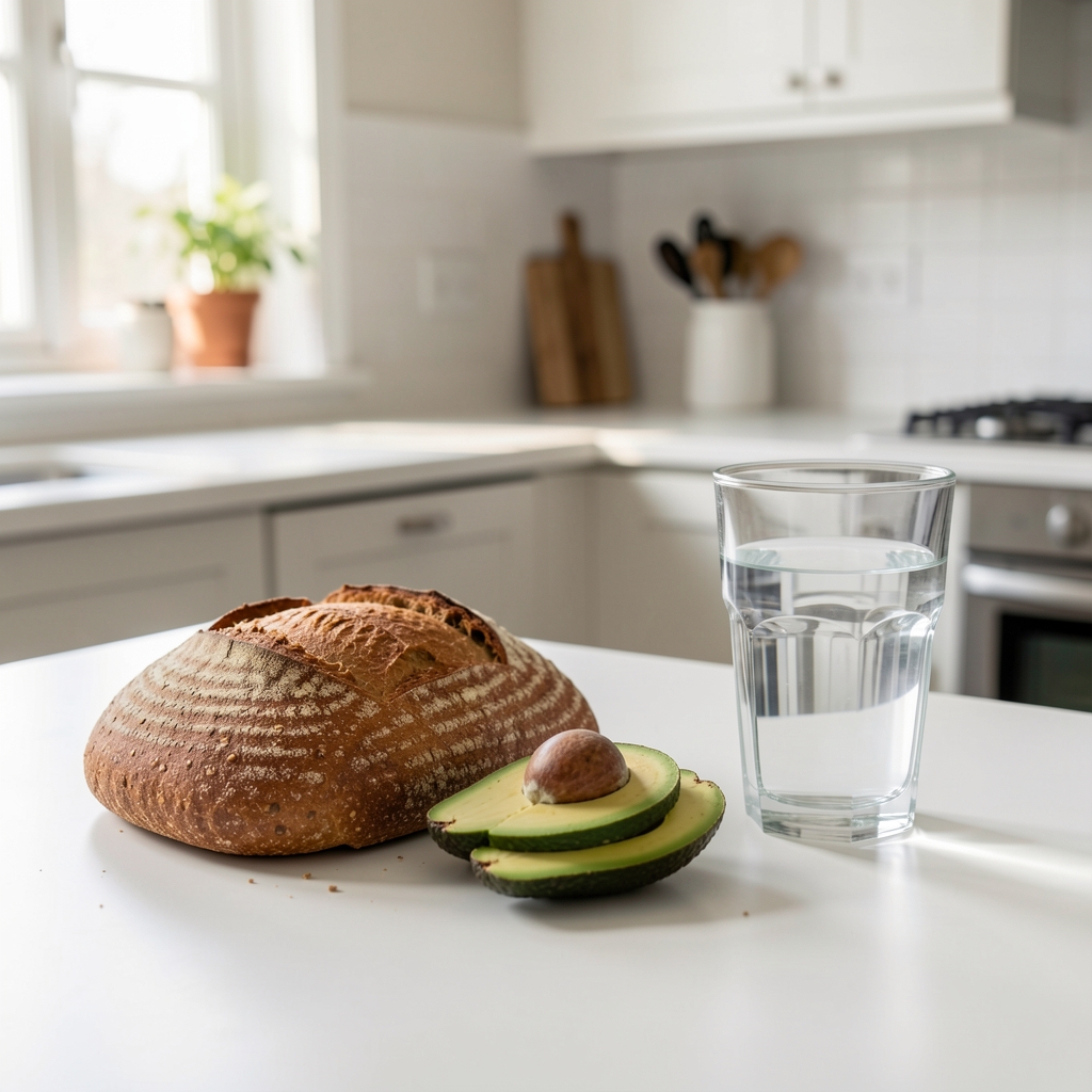 Morning kitchen scene with whole grain bread, sliced avocado, and a glass of water arranged on a white table in soft natural light